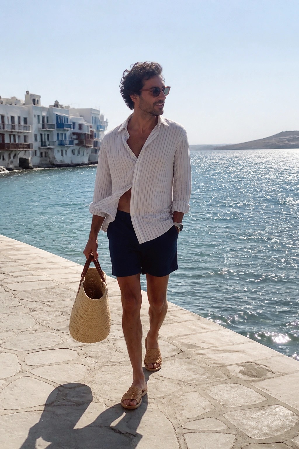 Man in open white striped shirt and navy shorts holding straw bag on sunny waterfront.