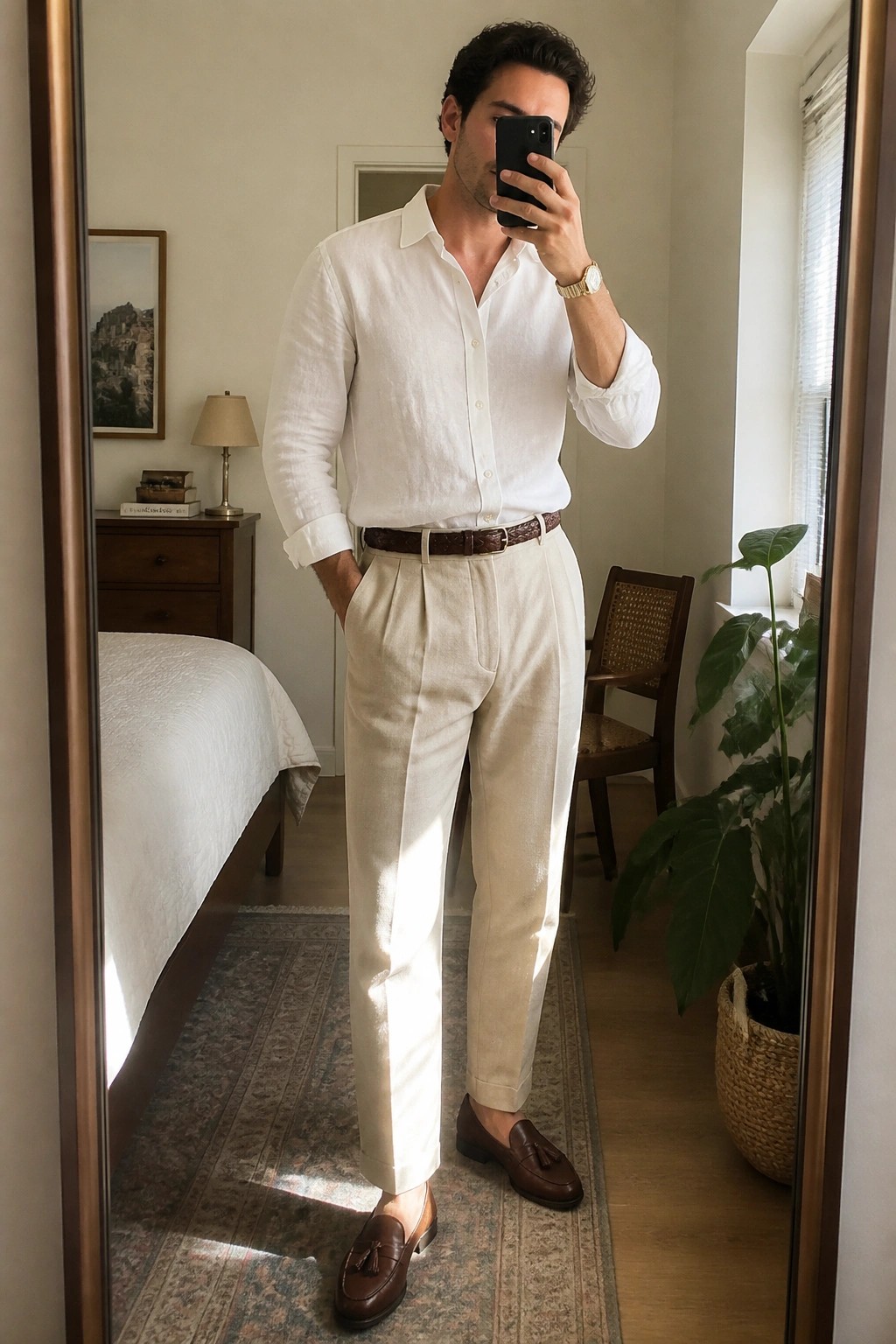 Man in white linen shirt and cream trousers taking mirror selfie in bedroom.