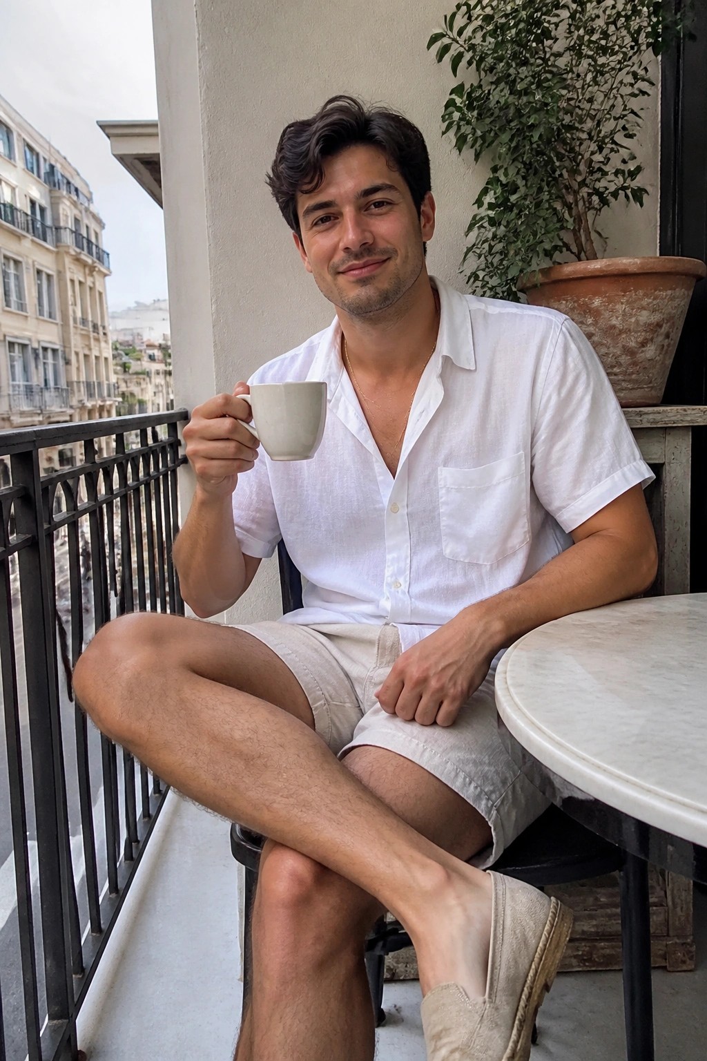 Man in white shirt holding cup on balcony overlooking city buildings.