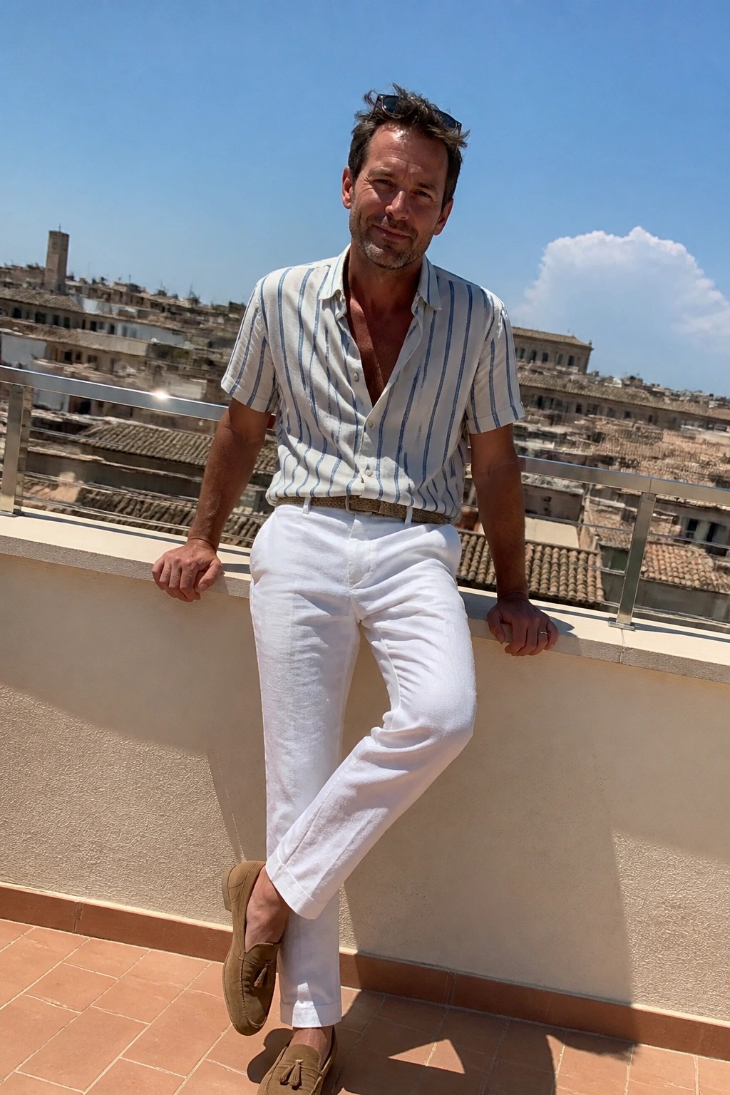 Man in short sleeve blue striped linen shirt tucked into white linen pants with brown belt and brown suede tassel loafers standing on a rooftop ledge.