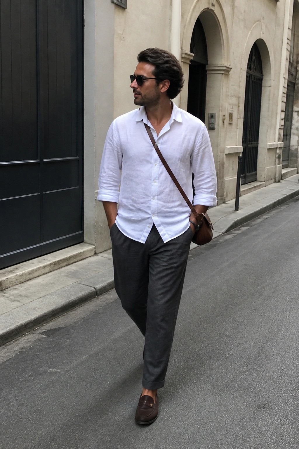 Man in white shirt and gray pants with brown crossbody bag on sidewalk