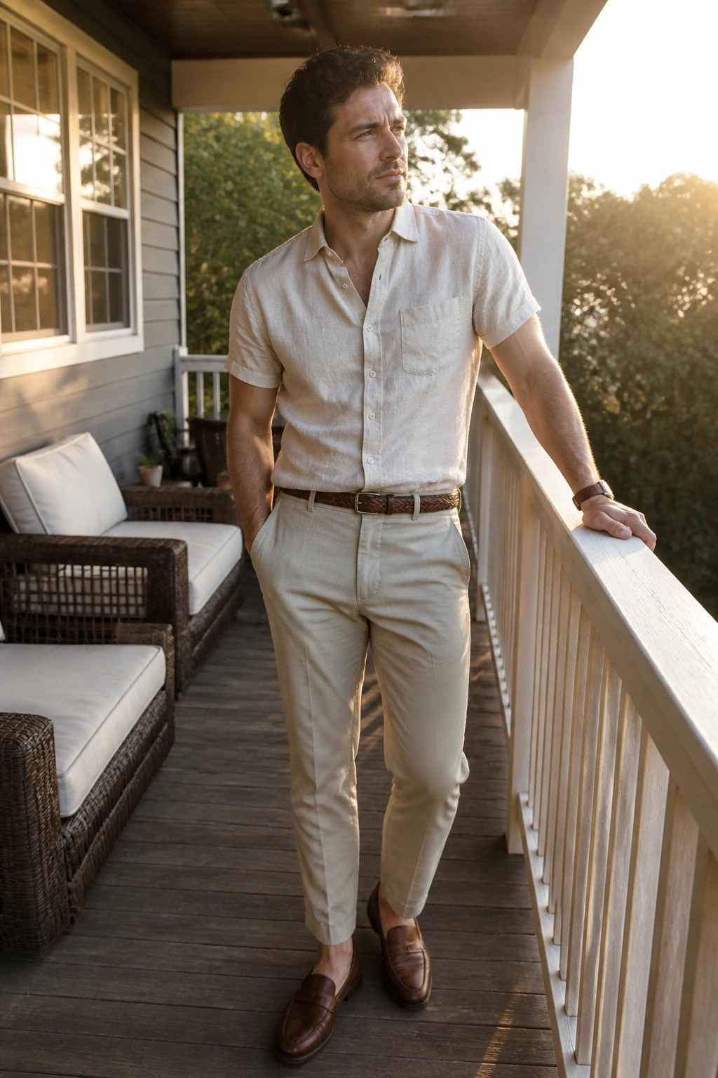 Man in beige linen shirt and pants on wooden porch at sunset