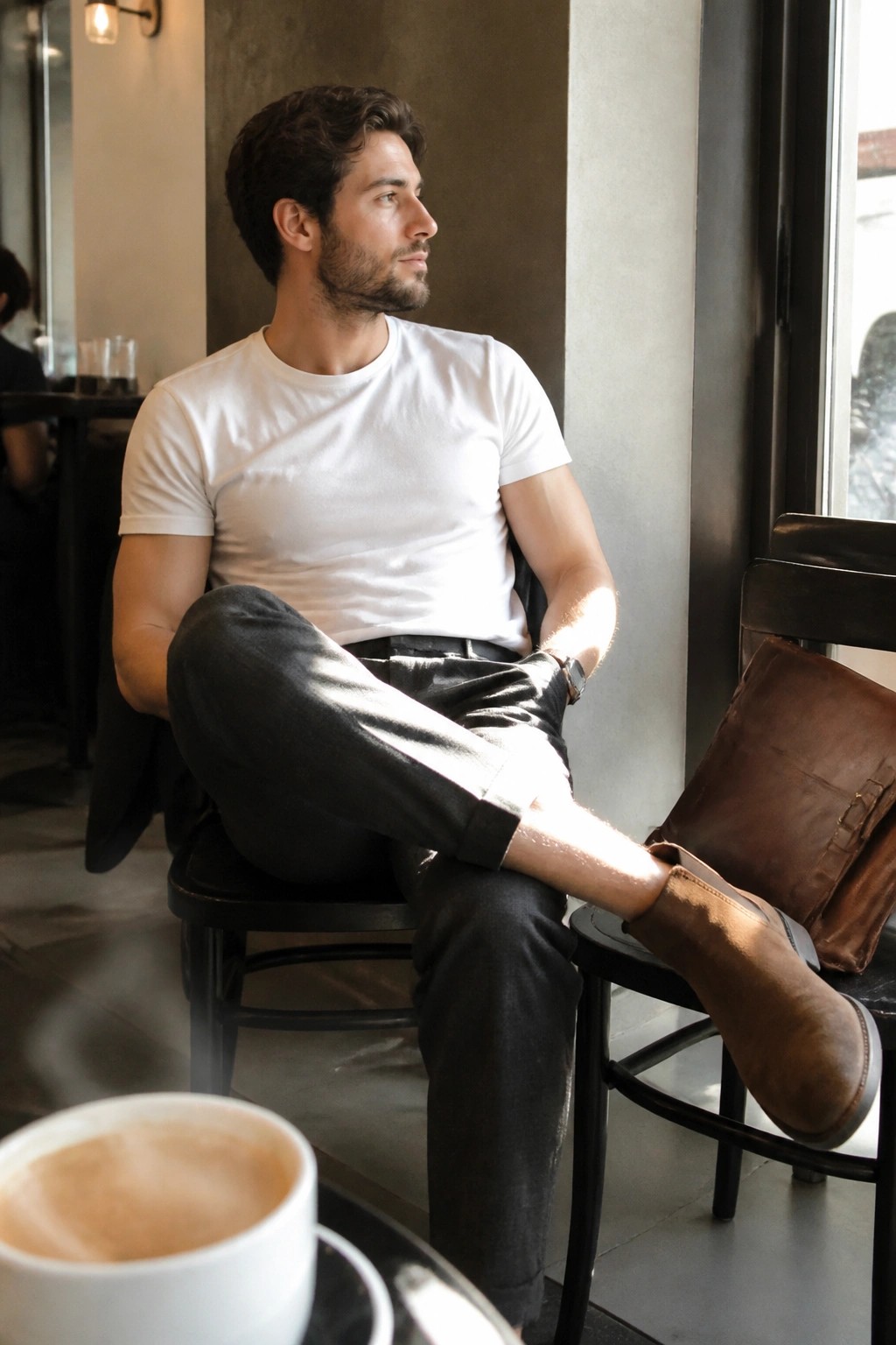 Man in white t-shirt and boots relaxing in cafe beside coffee and bag