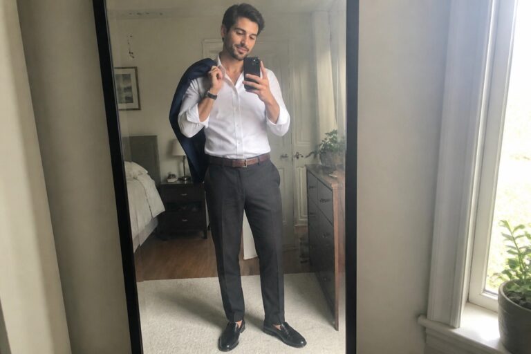 Man in white shirt and dark pants taking mirror selfie with blazer over shoulder.