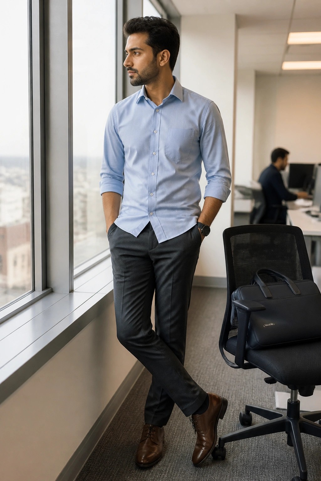 Man in light blue shirt stands by office window near black chair with bag.