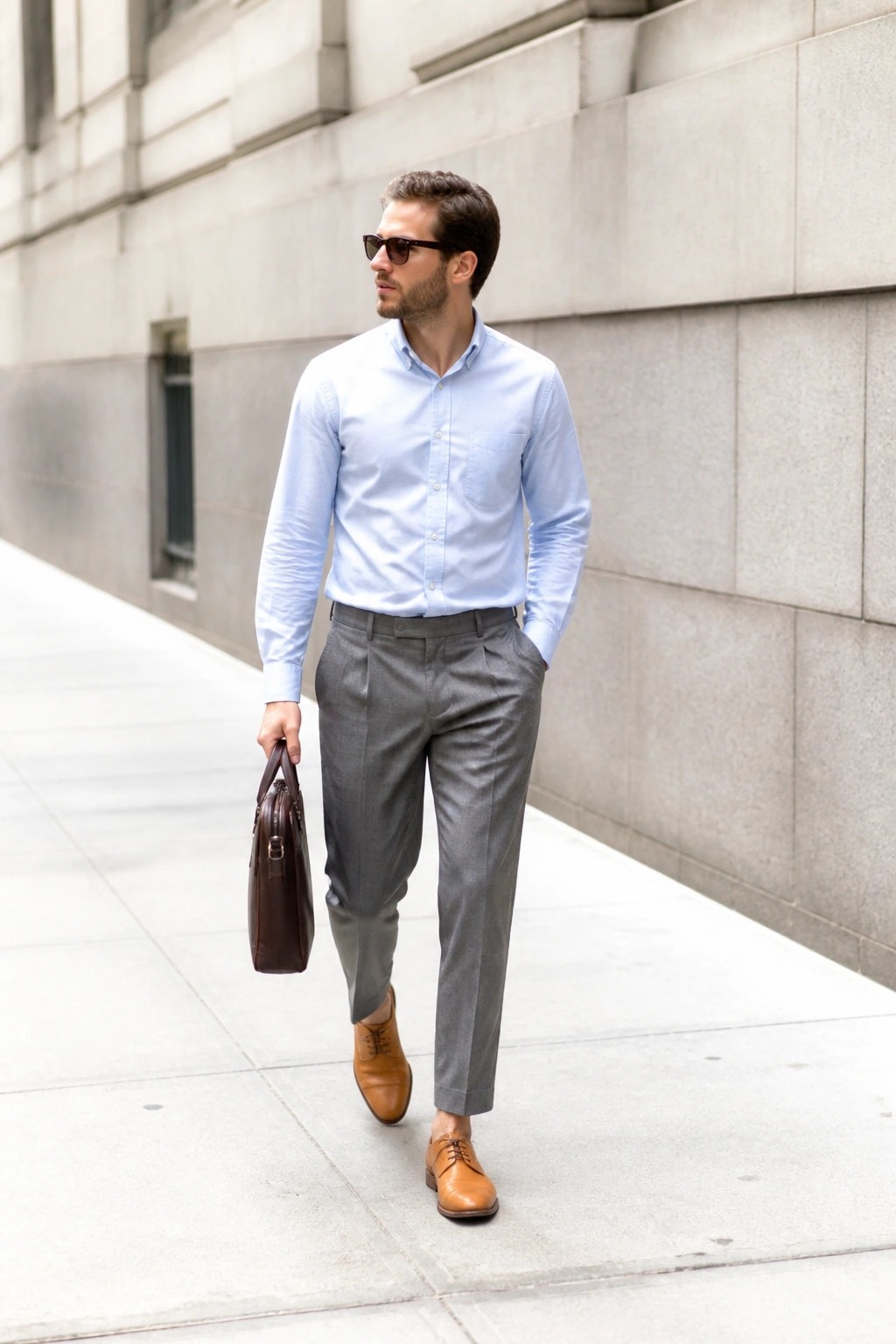 Man in light blue shirt and gray pants carrying brown briefcase on sidewalk.
