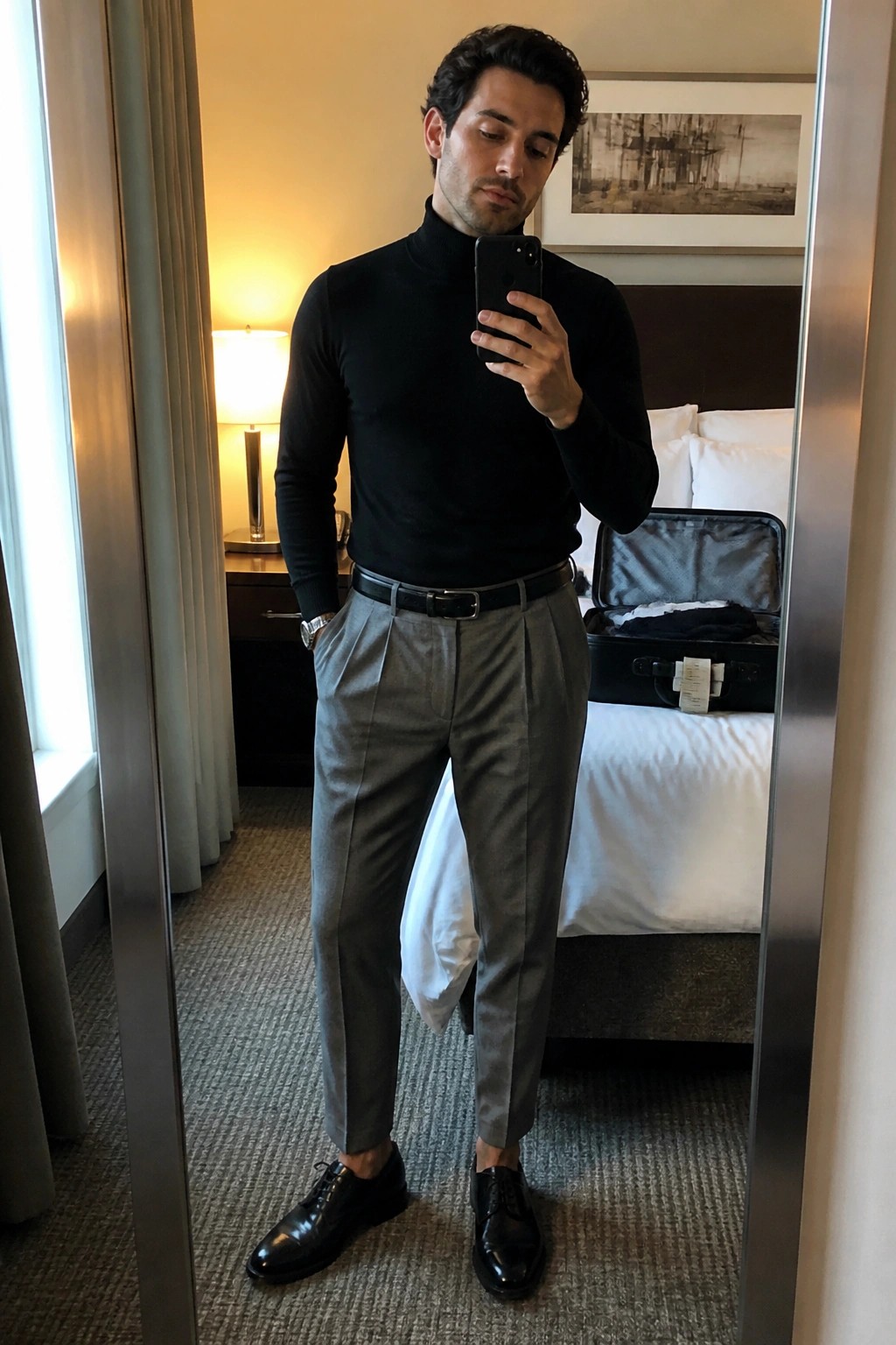 Man in black turtleneck and gray trousers taking mirror selfie in hotel room with suitcase