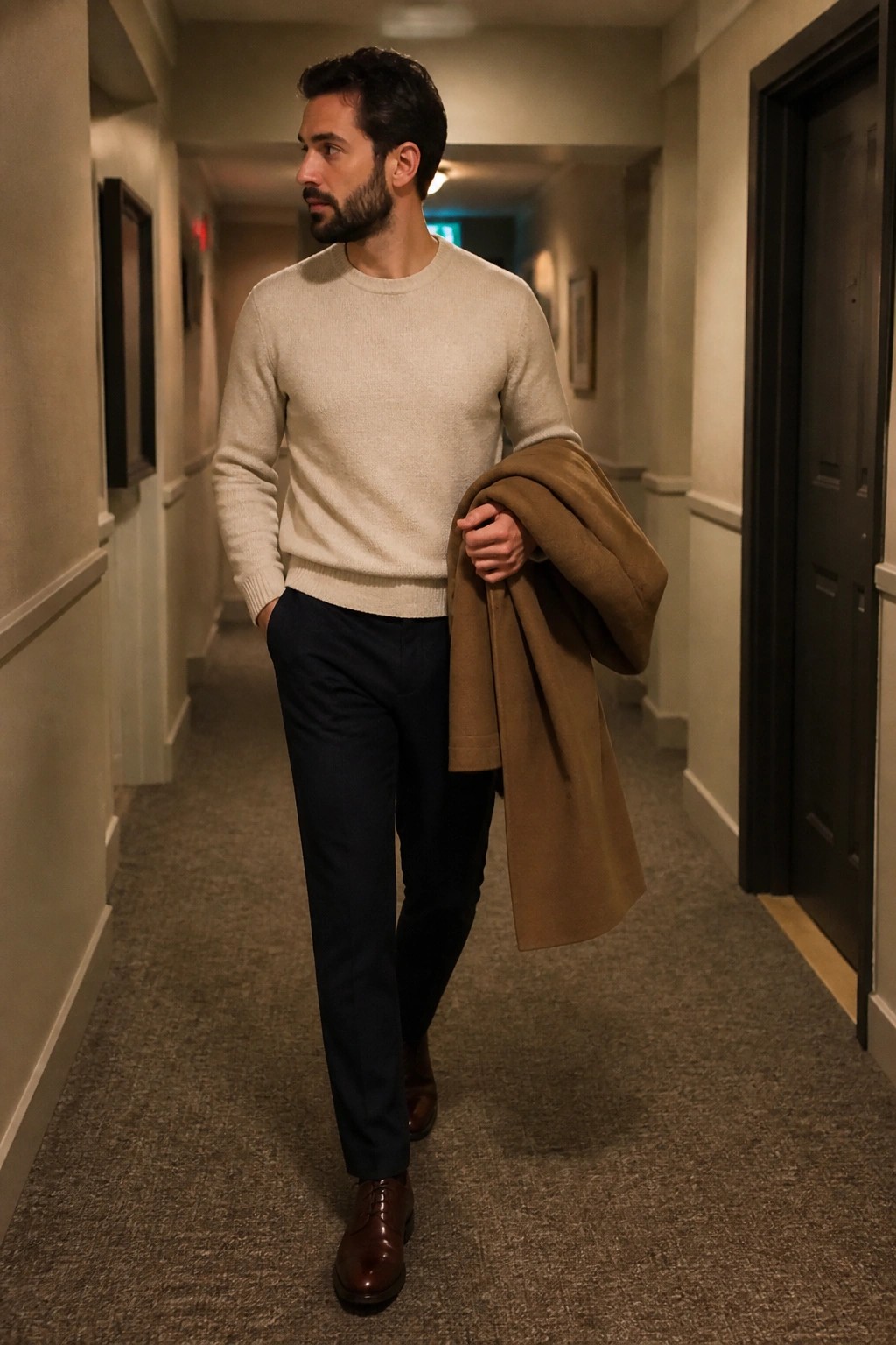 Bearded man in cream sweater carries brown coat through carpeted hallway.