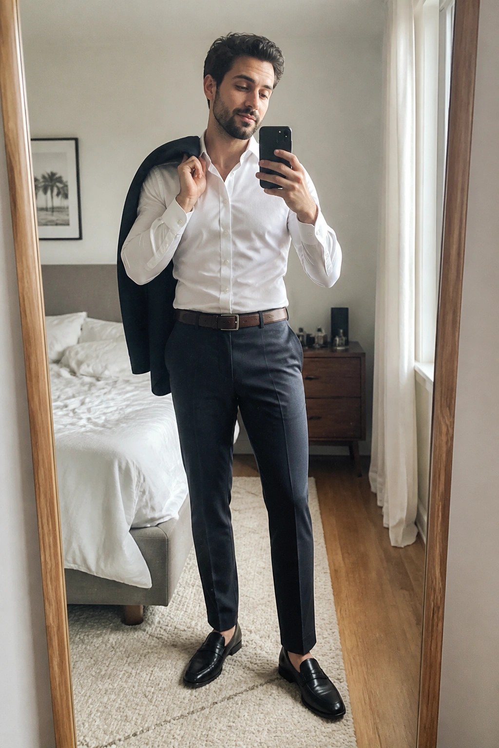 Man in white shirt and dark pants taking mirror selfie with blazer over shoulder.