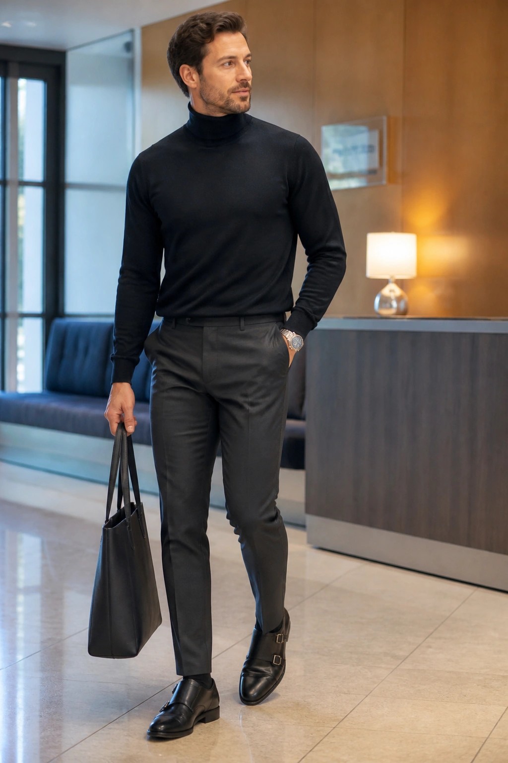 Man in black turtleneck holding leather tote in modern lobby setting