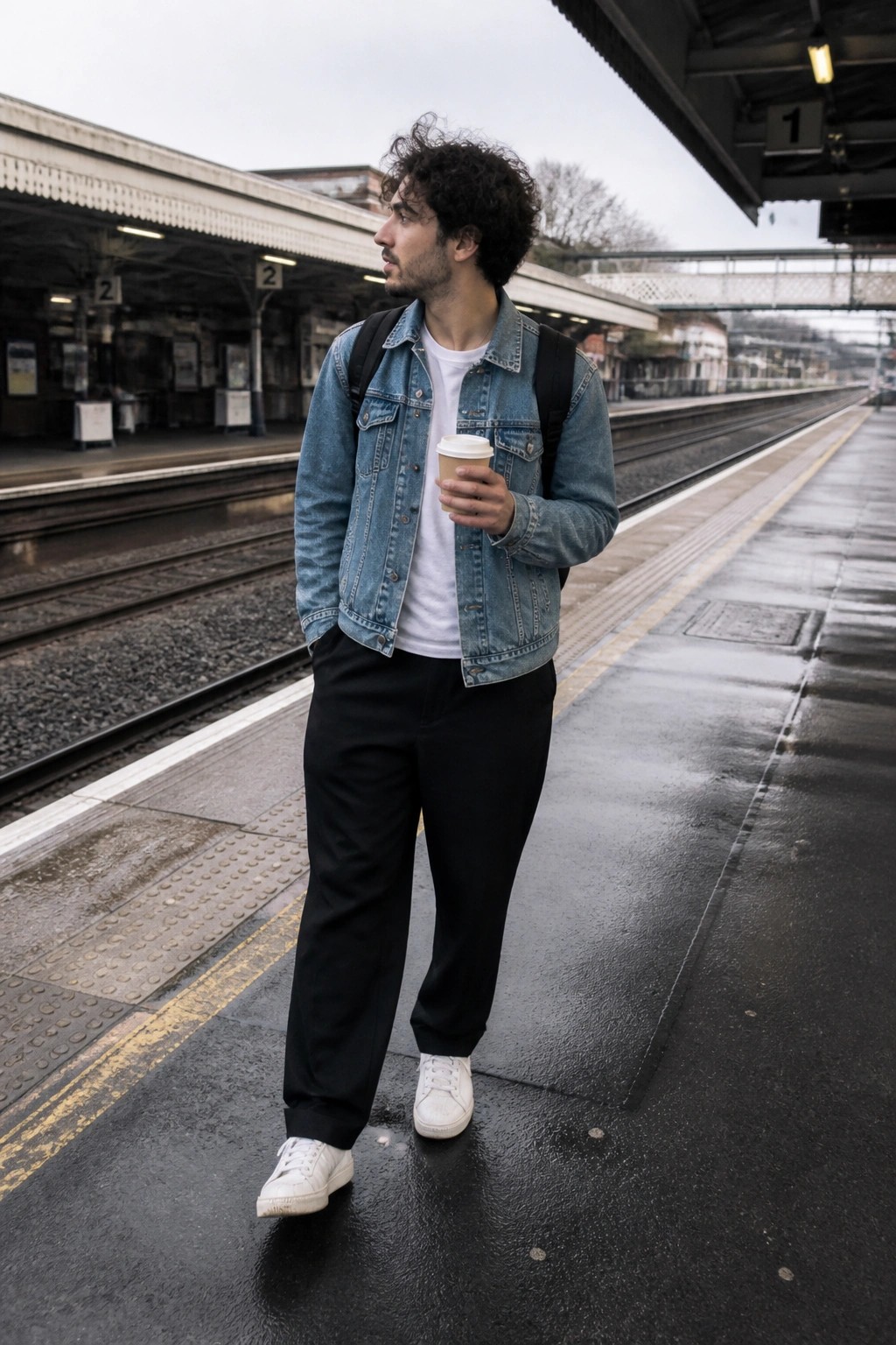 Curly-haired man in denim jacket holding coffee on wet train platform with backpack