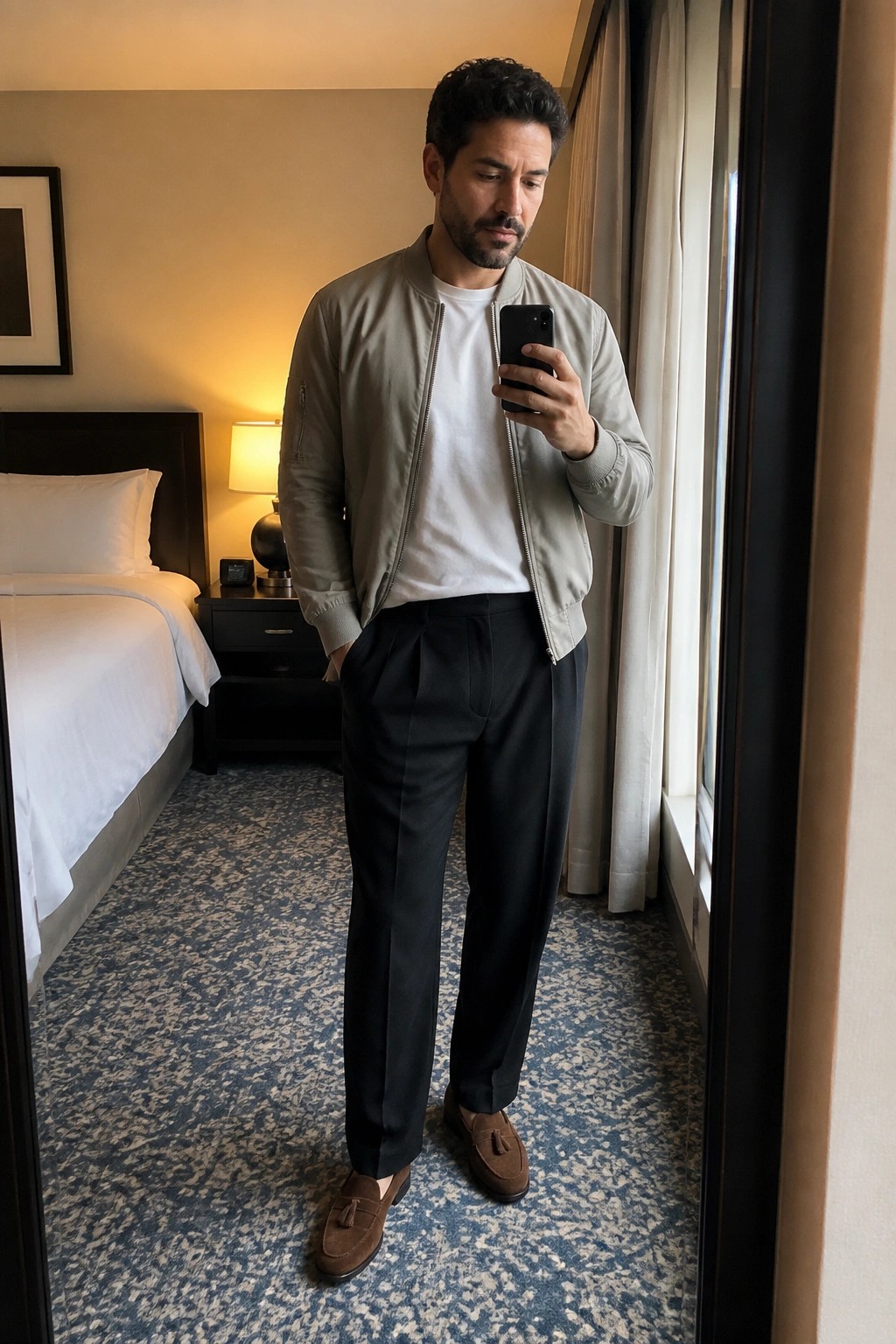 Man in beige bomber jacket taking mirror selfie in hotel room with bed and lamp.
