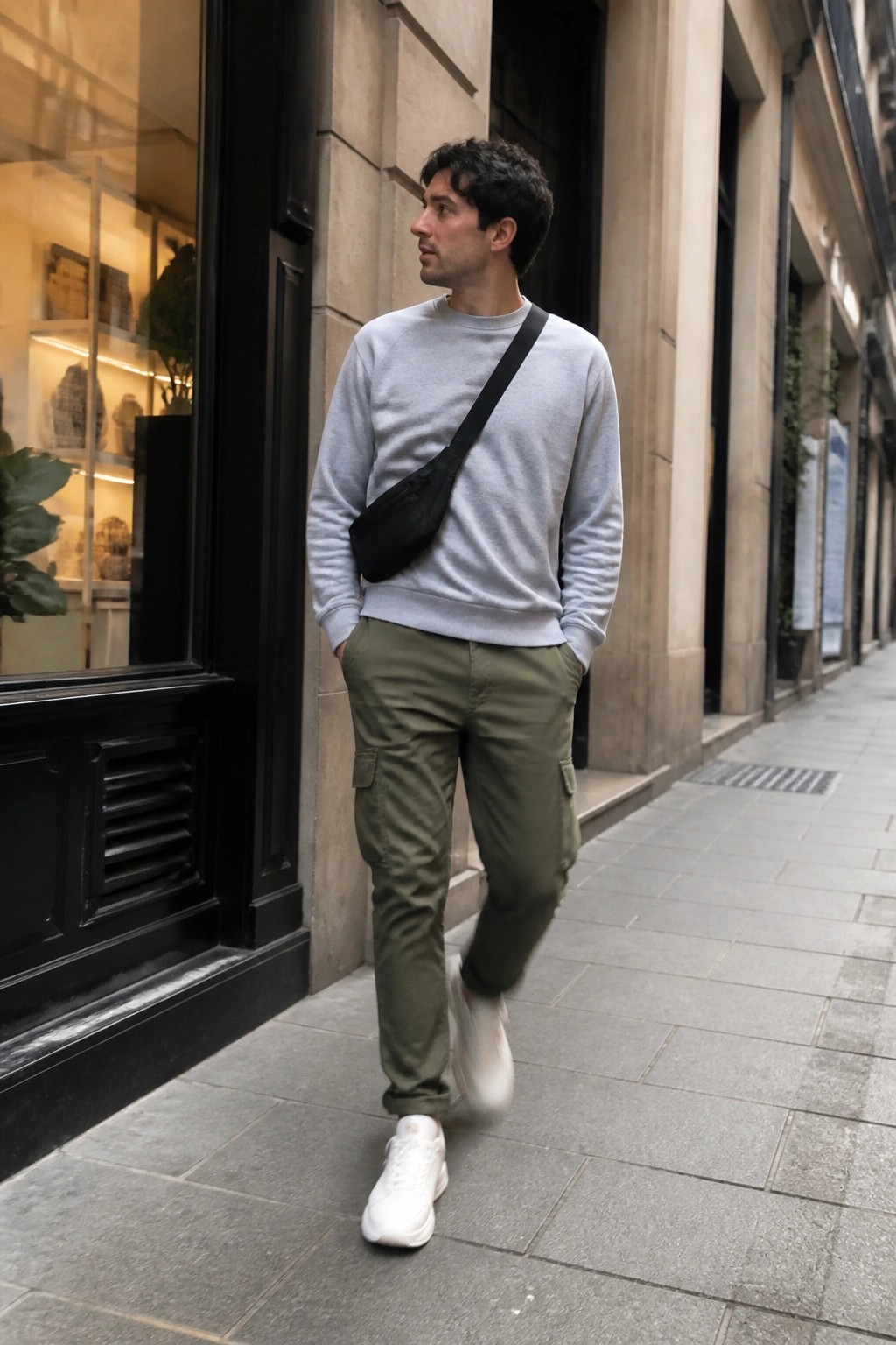 Man in grey sweatshirt and olive cargo pants with black sling bag on sidewalk.