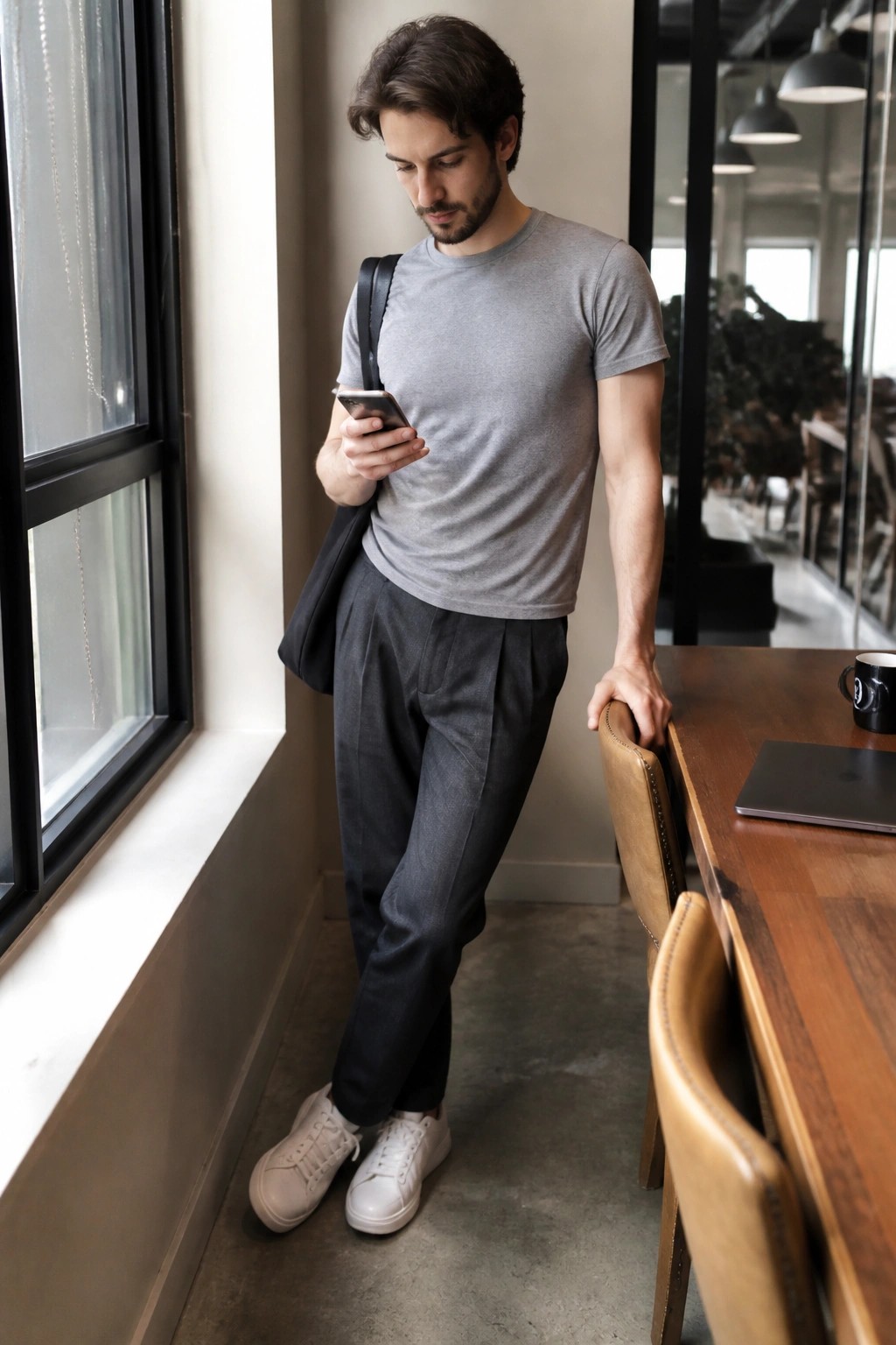 Man in gray t-shirt checks phone by wooden table with laptop and mug