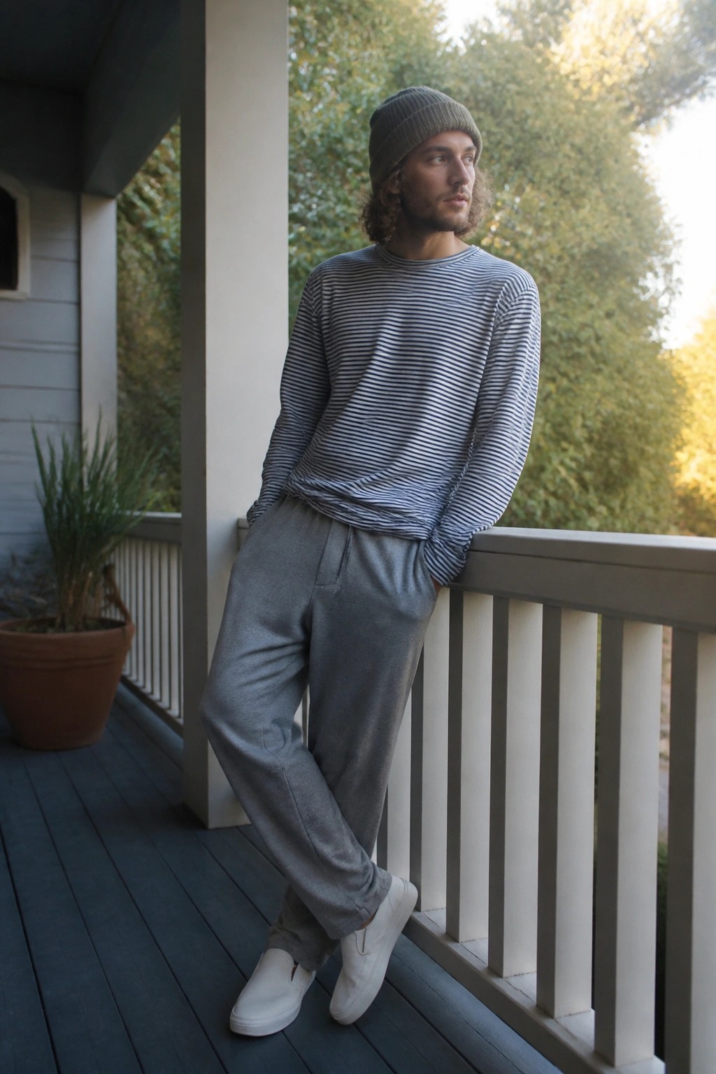 Curly-haired man in striped shirt and gray pants leaning on porch railing.