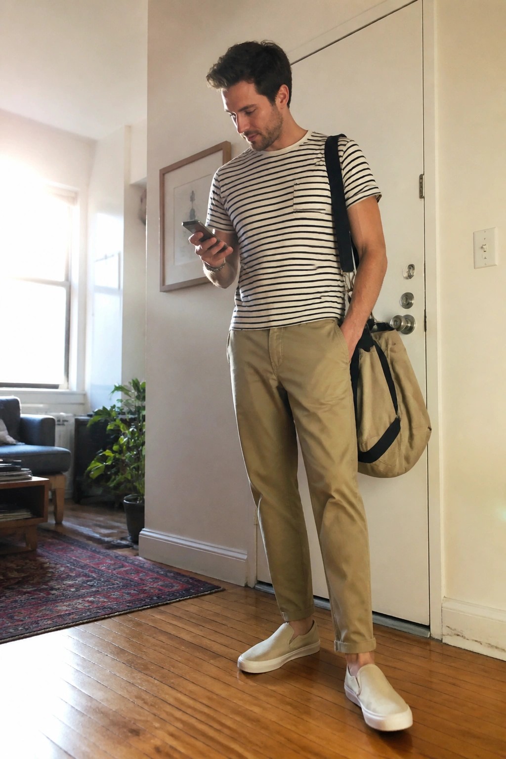 Man wearing relaxed fit khaki pants with a black and white striped short sleeve shirt, white slip on shoes, and a canvas bag slung over one shoulder while checking his phone indoors.