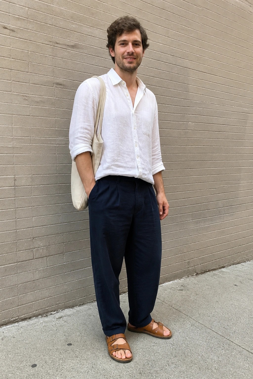 Man in white shirt and navy pants with beige tote stands by brick wall