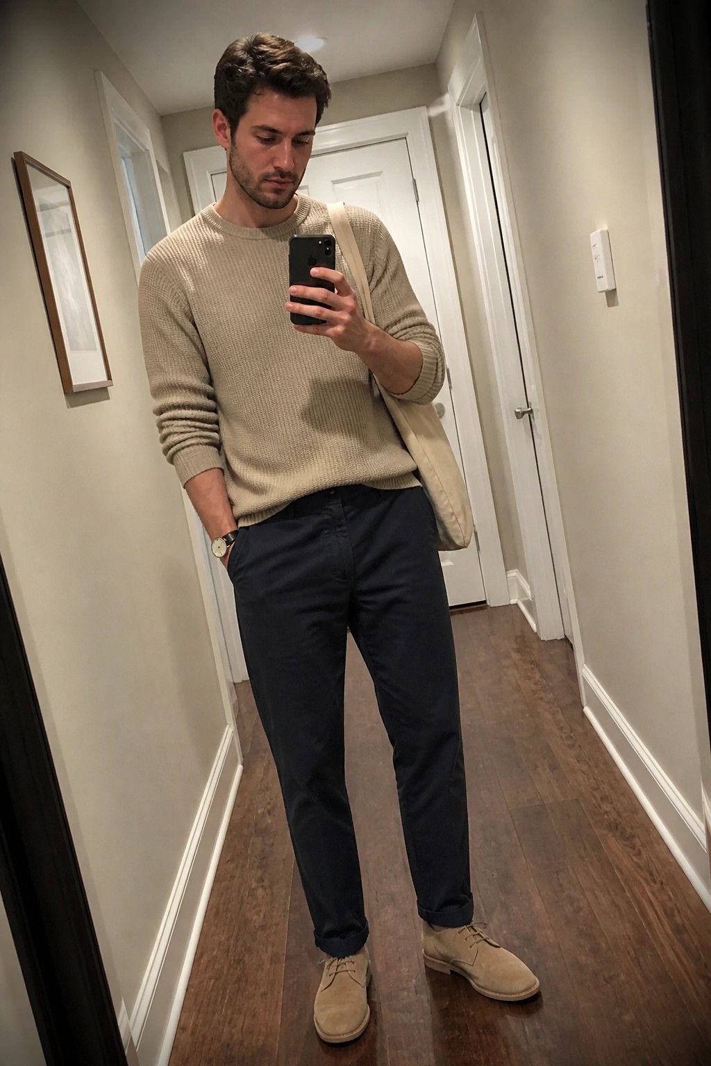 Man in beige sweater and navy pants taking mirror selfie in hallway