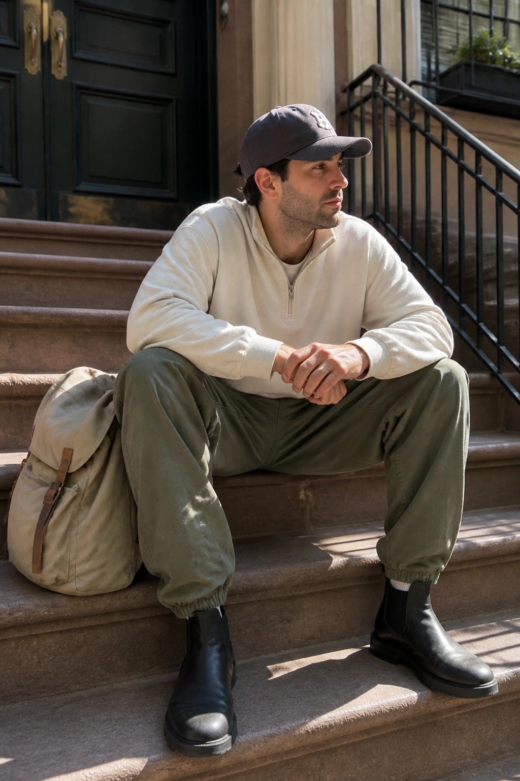 Man in cap and cream pullover sits on stone steps with canvas backpack.