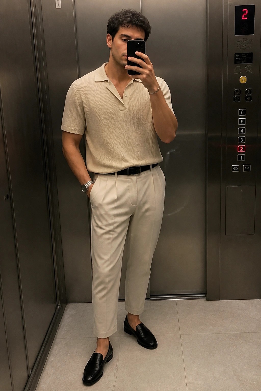 Man in beige polo shirt and trousers taking mirror selfie in elevator