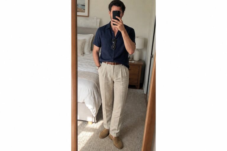 A man taking a mirror selfie wearing a navy short-sleeve button-down shirt tucked into cream linen pants with a brown belt and suede loafers.