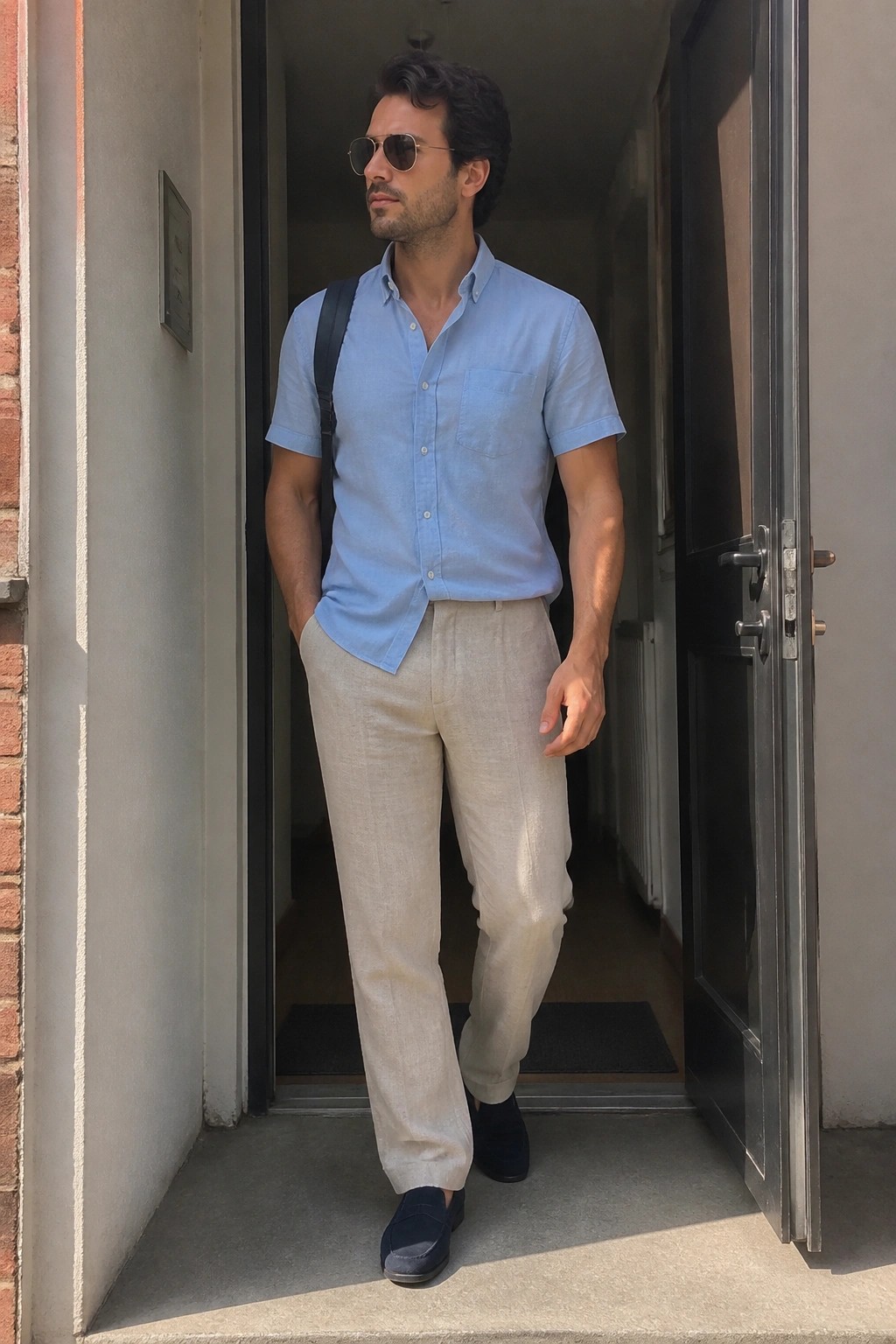 Man in blue shirt and beige pants with sunglasses stands in doorway.