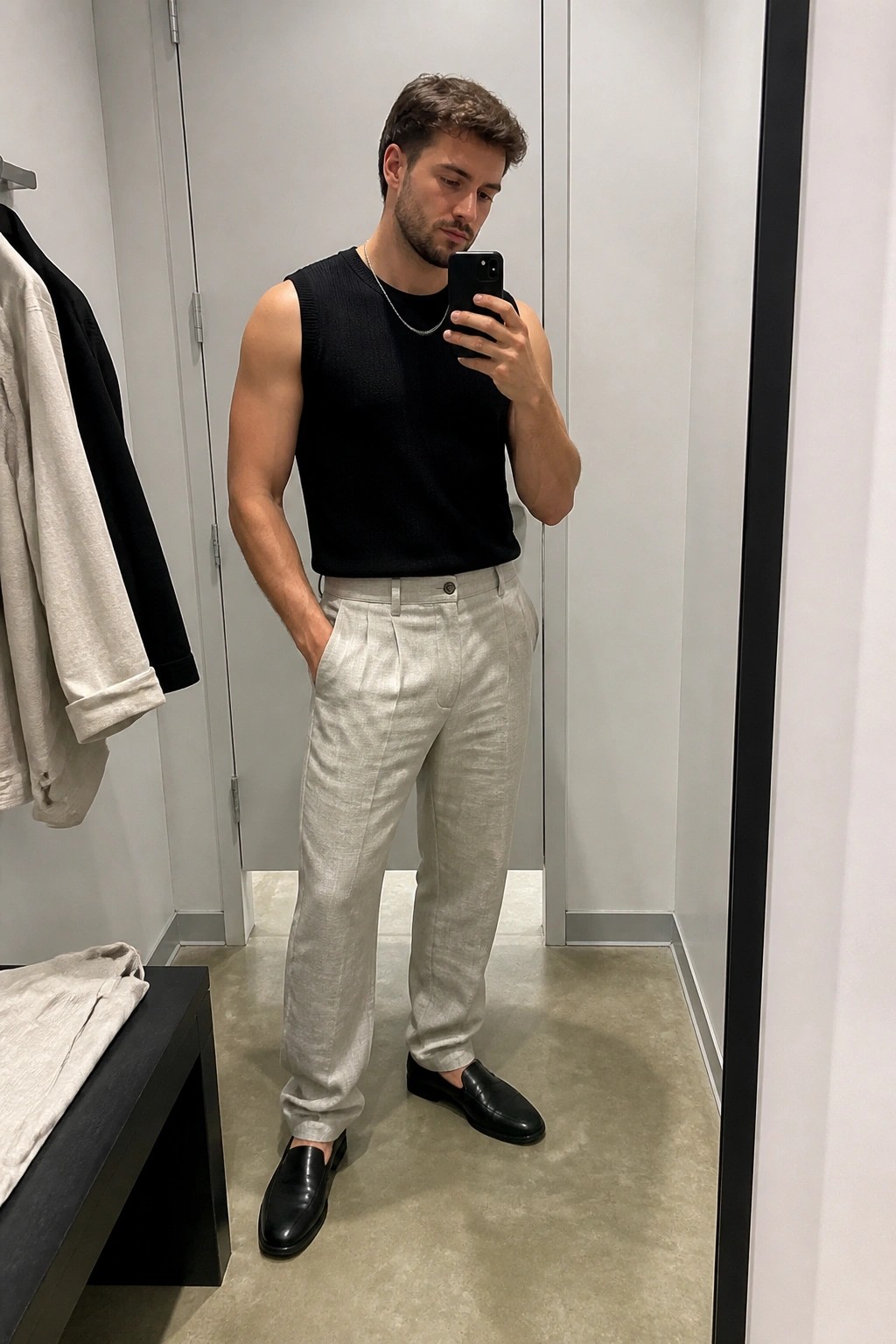 A man taking a mirror selfie in a fitting room wearing light gray pleated linen pants, a black sleeveless knit sweater, a thin silver chain necklace, and black leather loafers.