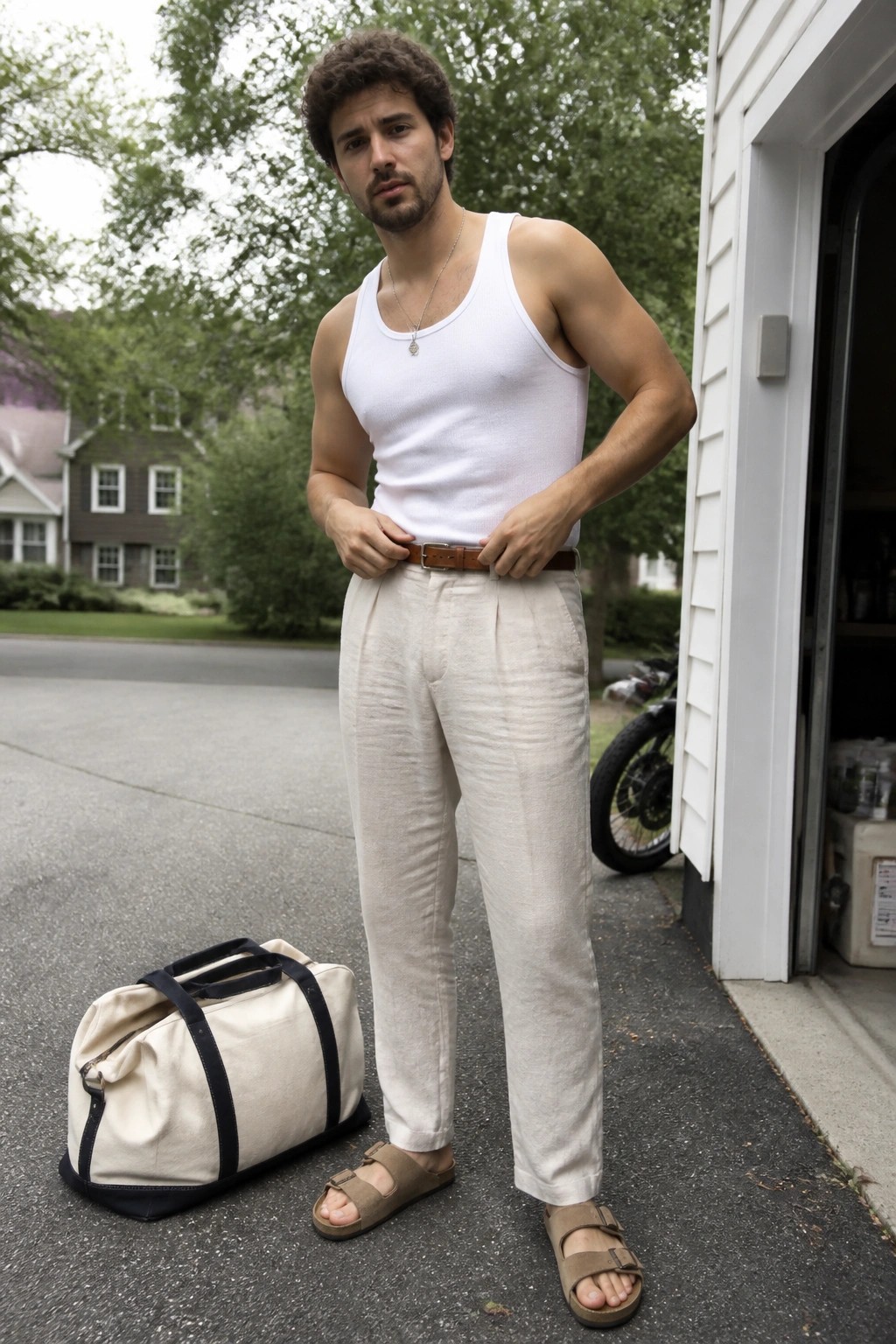 Man in white tank top and beige pants beside canvas duffel bag on driveway