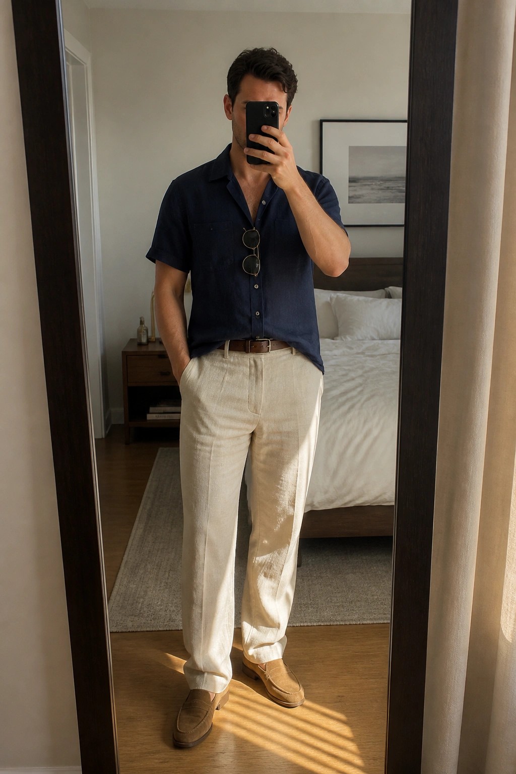 A man taking a mirror selfie wearing a navy short-sleeve button-down shirt tucked into cream linen pants with a brown belt and suede loafers.