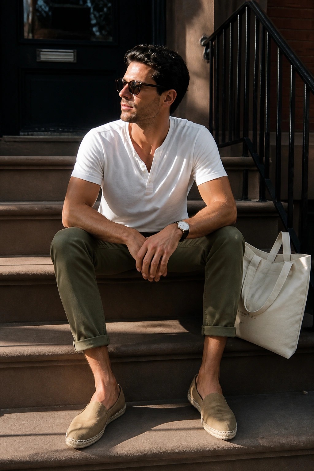 Man in white henley and olive pants sits on brownstone steps beside canvas tote.