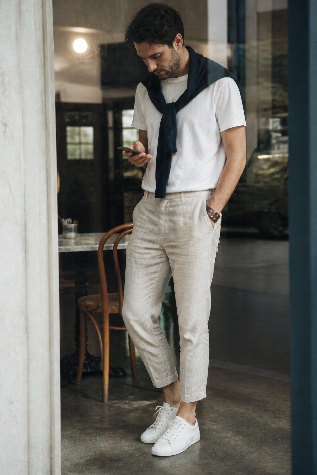 Man in white t-shirt and beige linen pants checks smartphone in cafe doorway