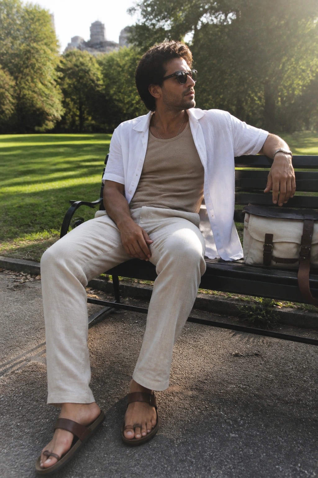 Man in white shirt and beige pants relaxes on park bench with canvas bag