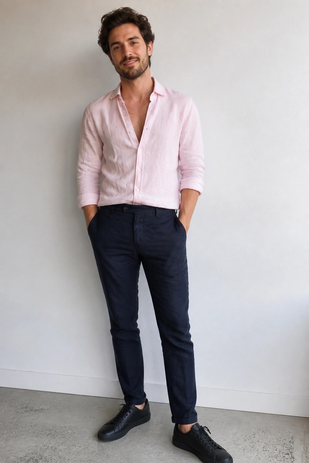 Man in light pink linen button-up shirt with silver necklaces, navy linen pants, and black sneakers standing against a plain wall.