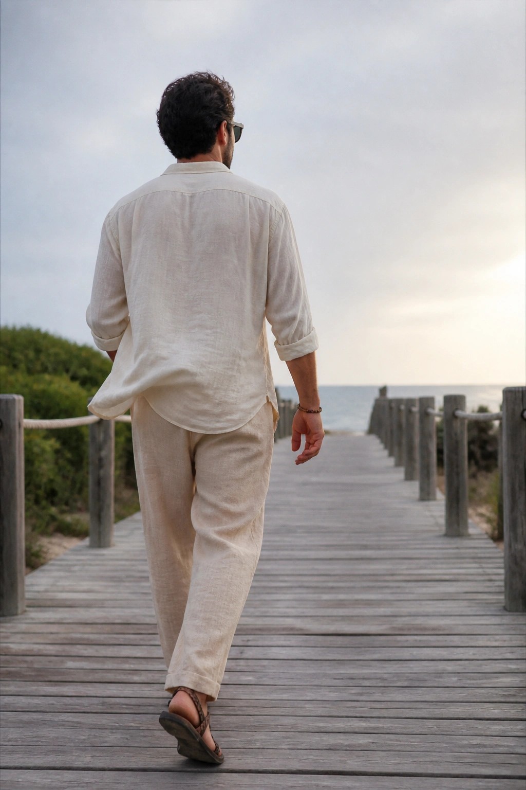 Man viewed from behind wearing a cream linen button-up shirt with rolled sleeves tucked loosely into matching linen pants, paired with brown strappy sandals and a beaded bracelet on one wrist.