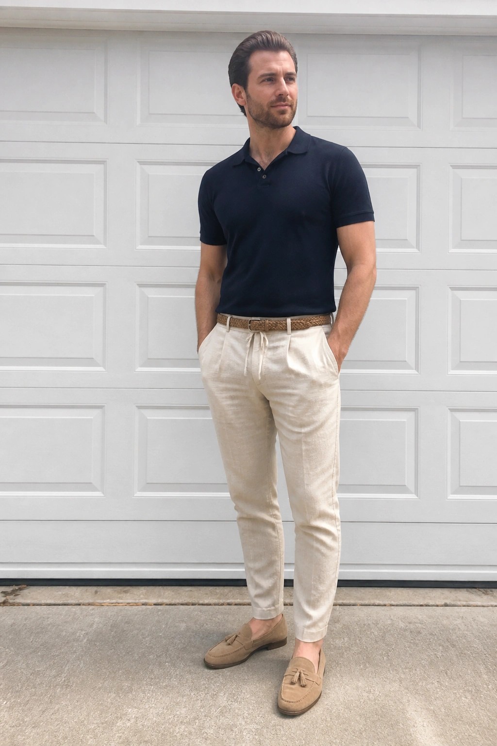 Man in navy polo shirt, beige linen pants, woven belt, and suede loafers