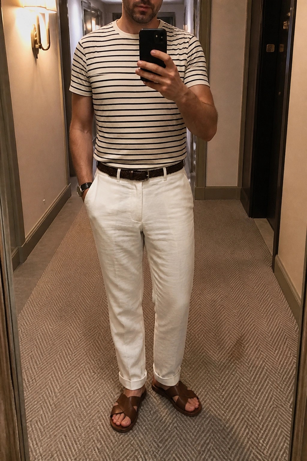 Man in striped shirt and white pants taking mirror selfie in hallway.