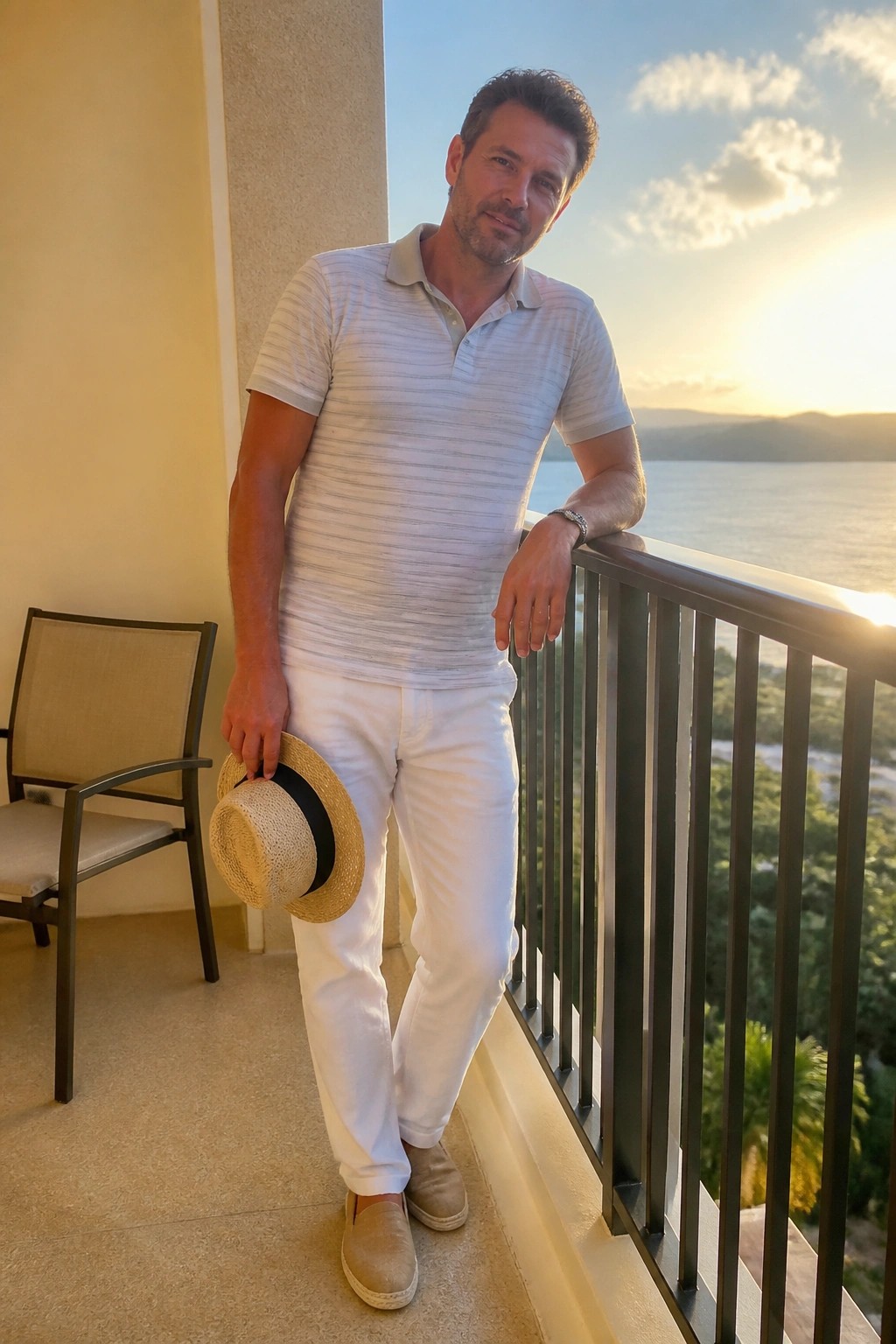 Man in striped polo shirt and white pants holding straw hat on sunset balcony