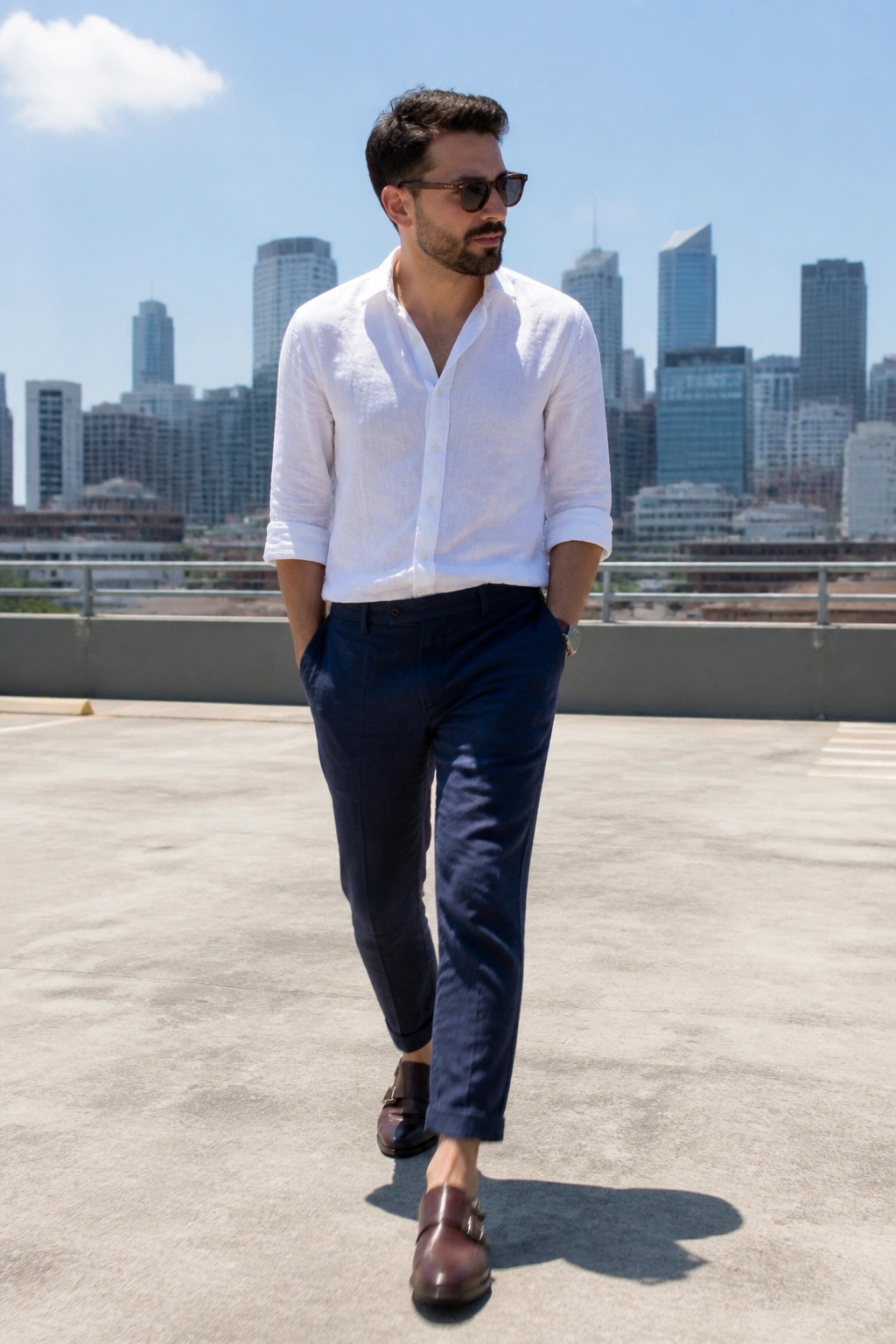 Man in white shirt and navy pants with sunglasses on sunny rooftop