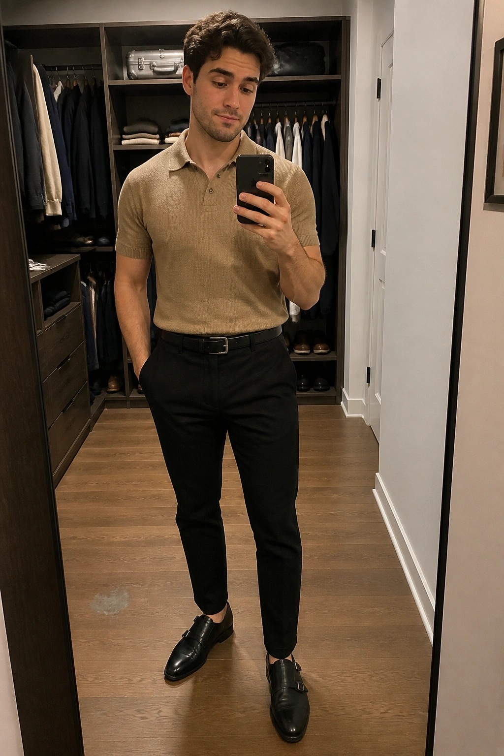 Man taking mirror selfie wearing a beige short sleeve knit polo shirt tucked into slim black pants with a black belt and black double monk strap shoes inside a walk in closet.
