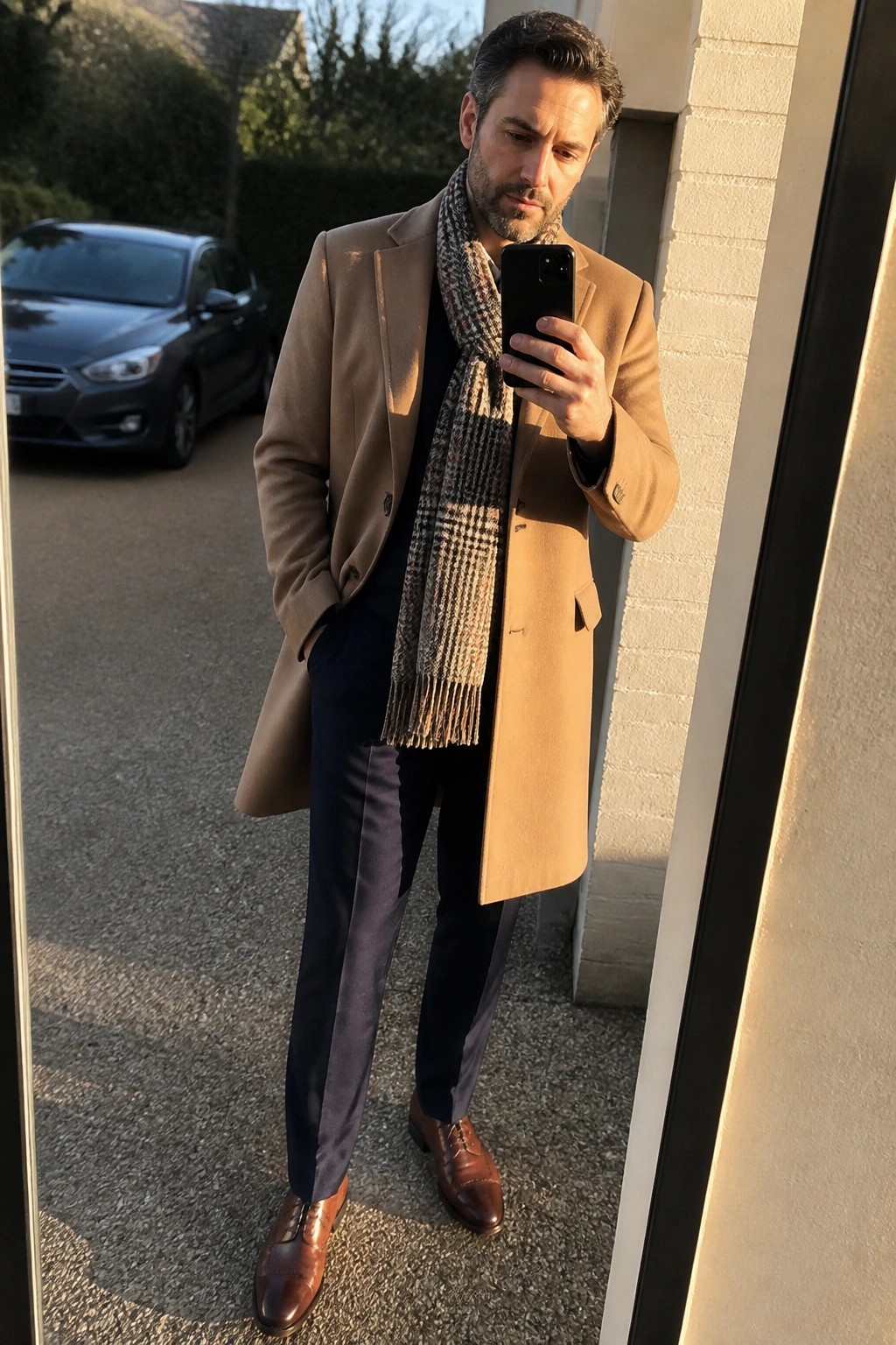 Man in tan overcoat and plaid scarf checks smartphone outdoors.