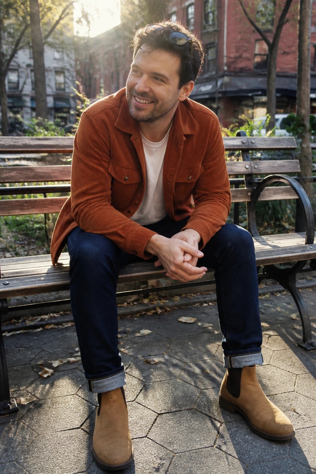 Smiling man in orange corduroy jacket and jeans sits on park bench