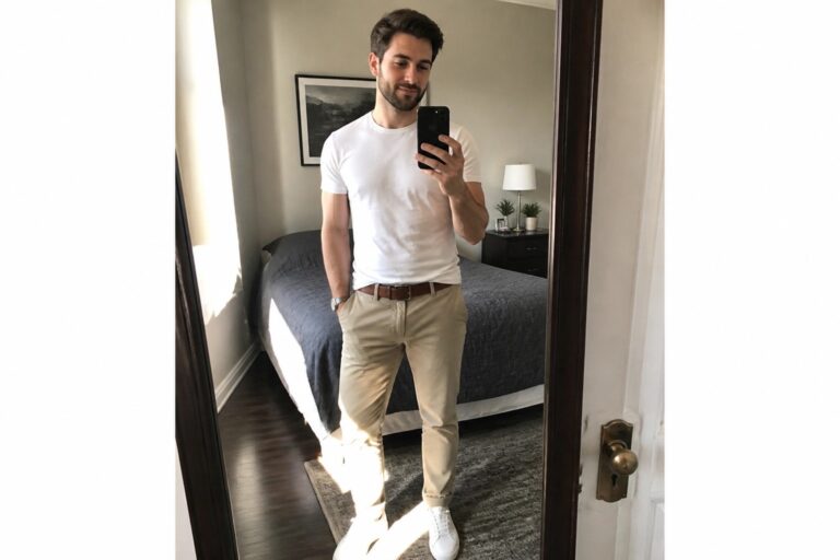 Man in white t-shirt and beige pants taking mirror selfie in bedroom