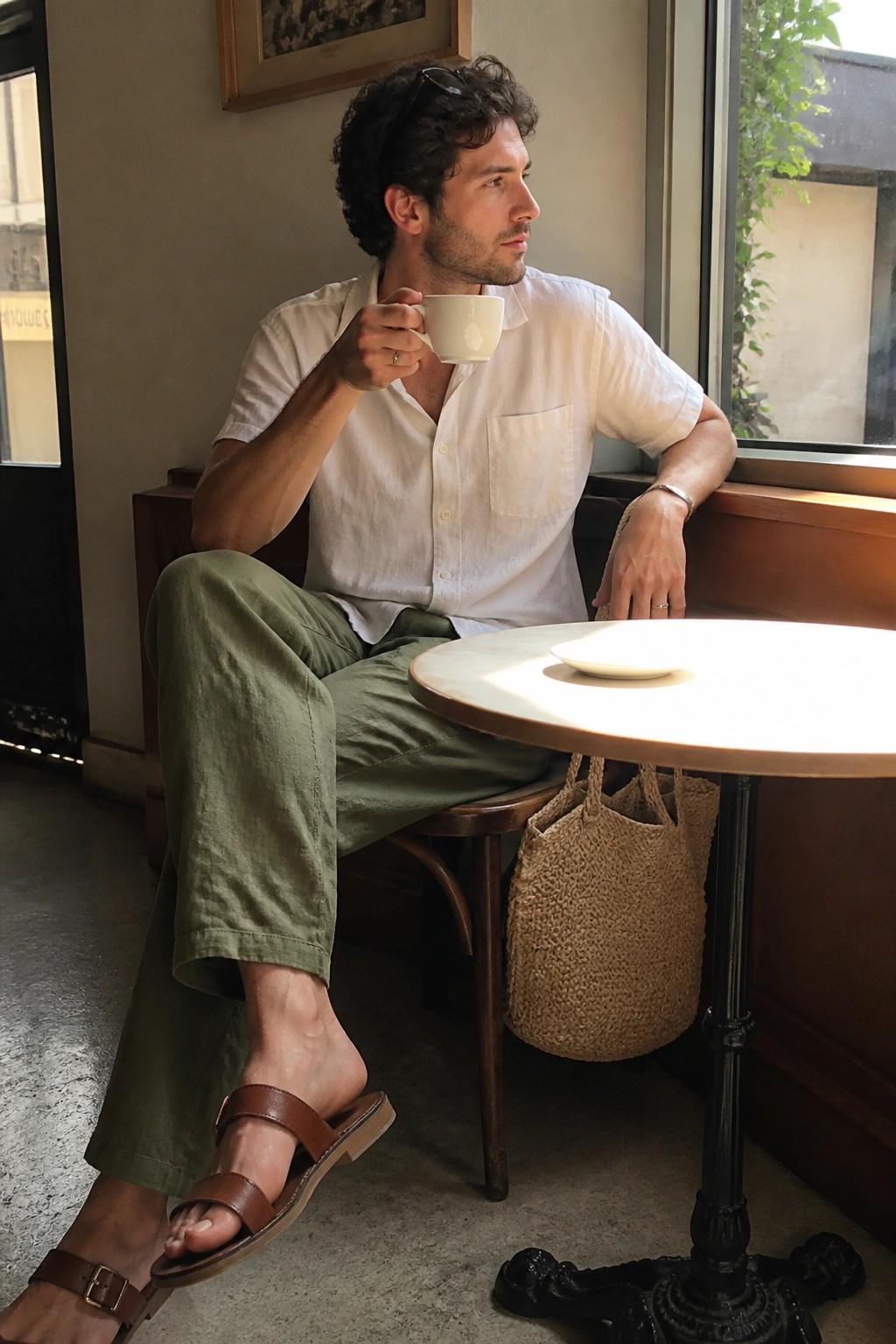 Curly-haired man in white shirt holds coffee cup at cafe table with woven bag.