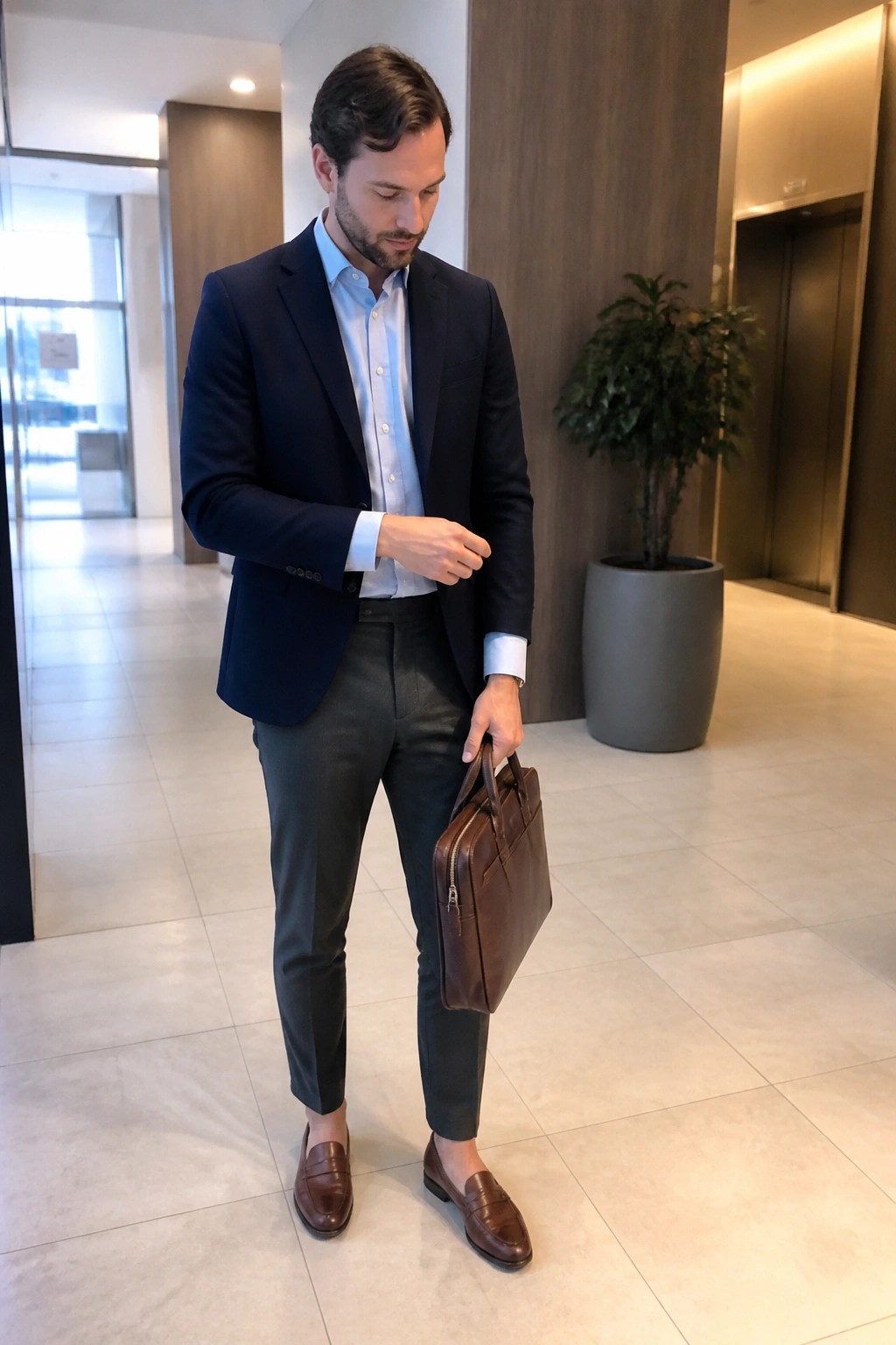 Man in navy blazer and gray trousers holding brown leather briefcase in lobby.