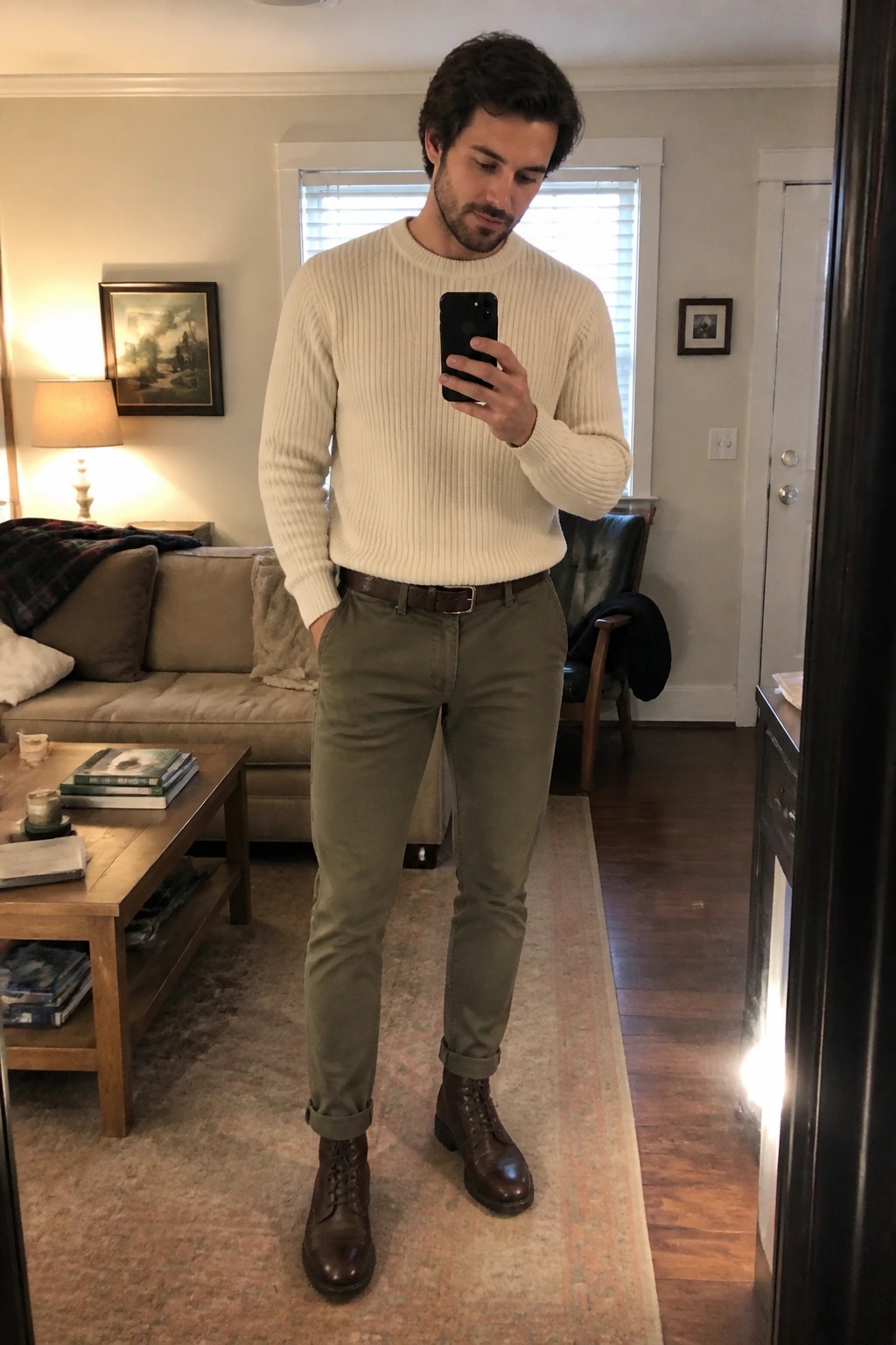 Man in cream sweater and olive pants taking mirror selfie in living room