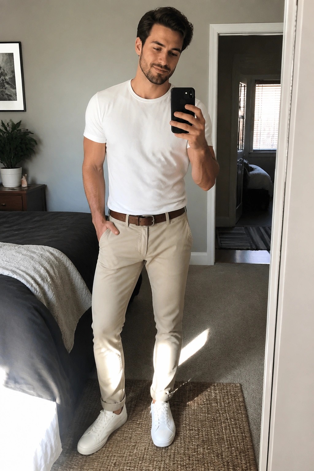 Man in white t-shirt and beige pants taking mirror selfie in bedroom