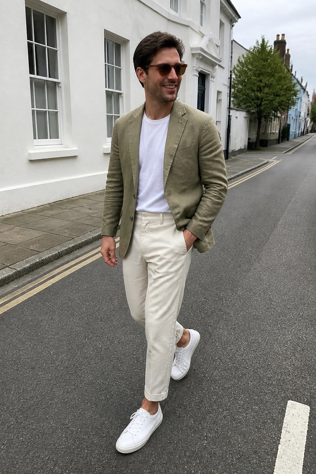 Man wearing an olive green linen blazer over a white t-shirt with cream linen trousers and white sneakers on a street.