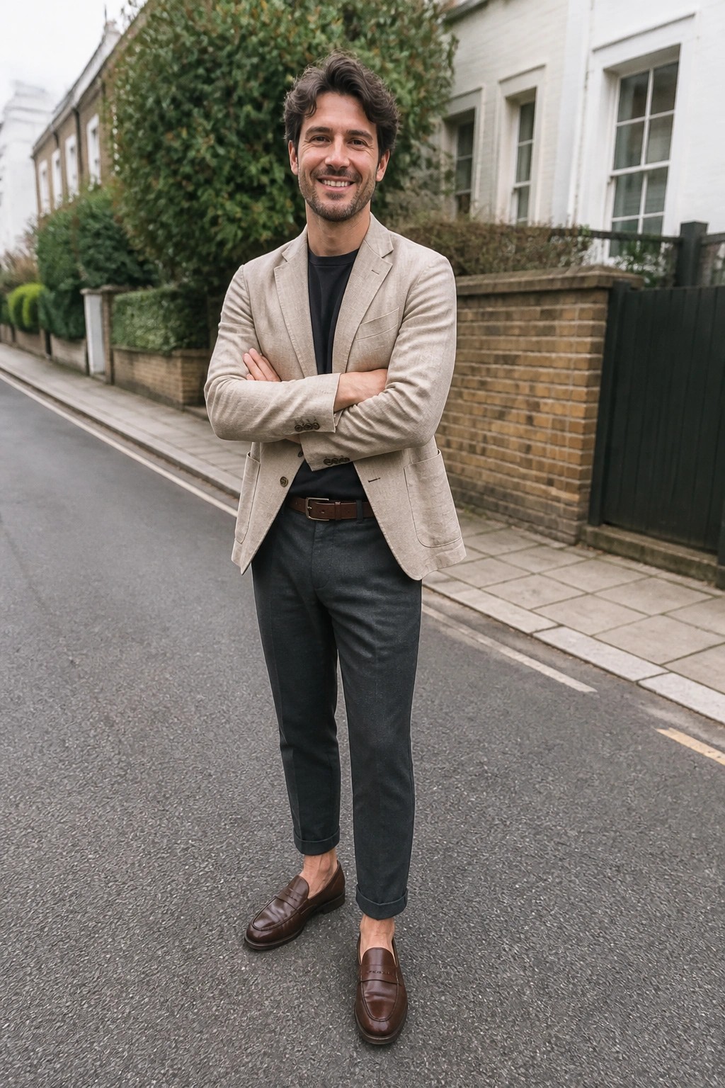 Smiling man in beige blazer and brown loafers stands on street with arms crossed