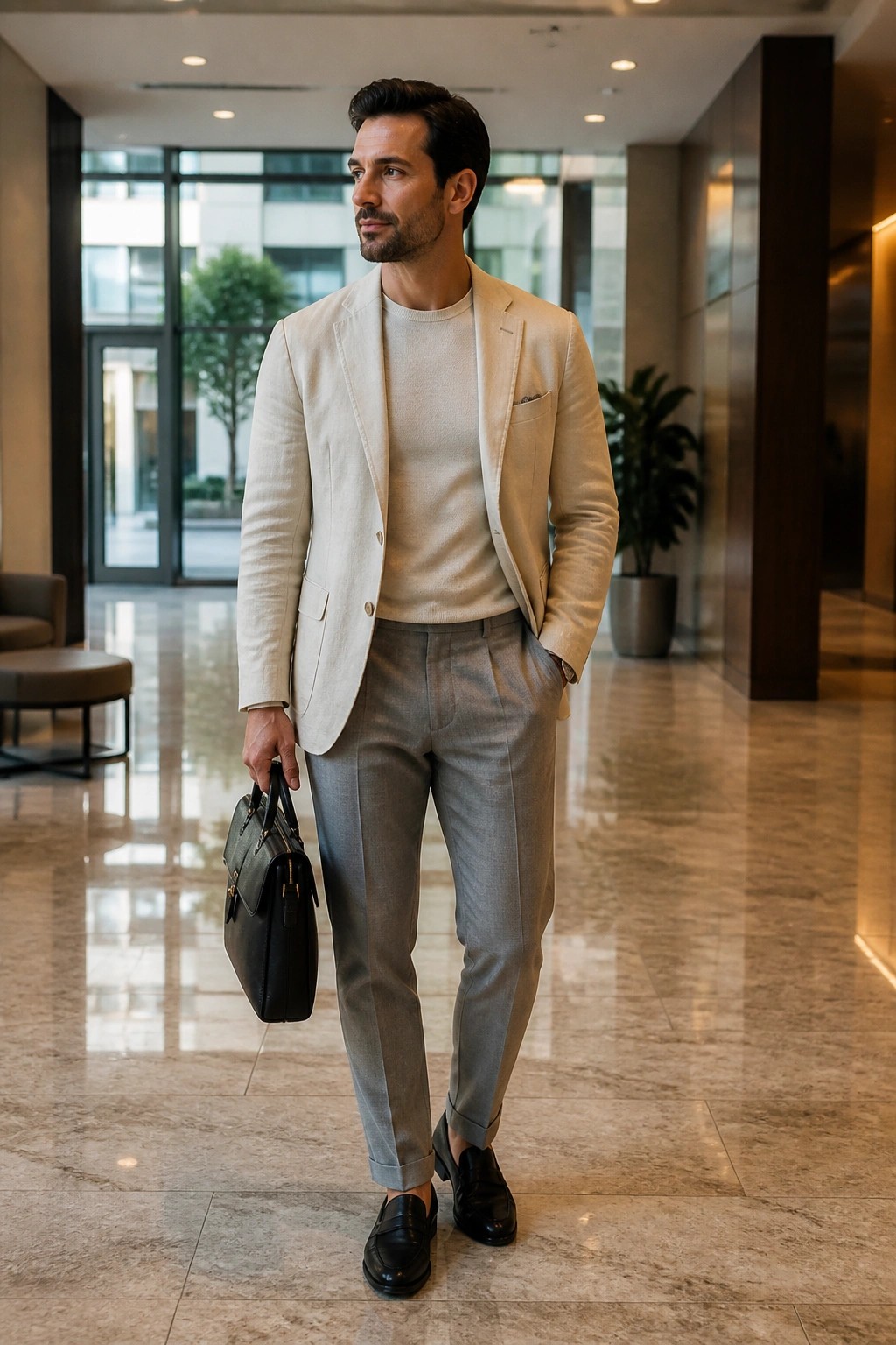 Man in beige blazer and gray pants holding black bag in marble lobby