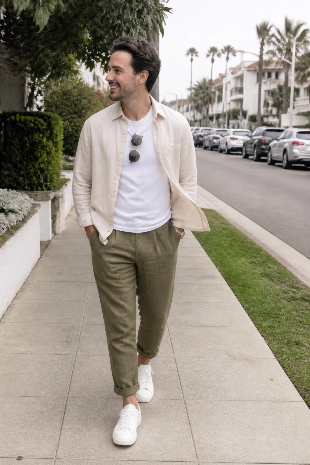 Man in beige linen shirt over white tee with olive pants on sunny sidewalk